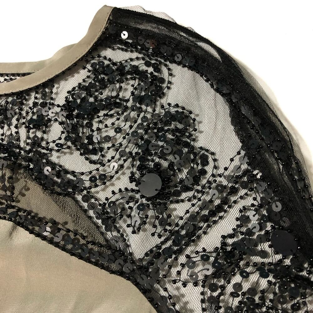 Tory Burch grey silk blouse black lace sequin bead embellishment womens 14 FLAW - Picture 8 of 10